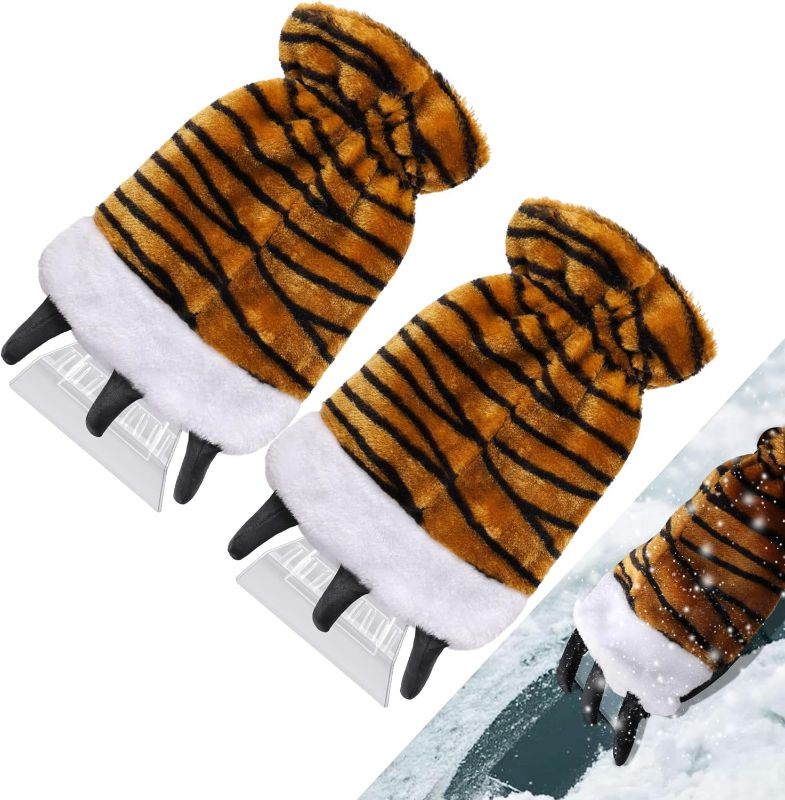 Photo 1 of 2 Pcs Ice Scraper with Glove- Faux Fur Car Windshield Scraper Mitt- Snow Scraper Gloves for Cars Winter Snow and Ice Remover (Stripe)