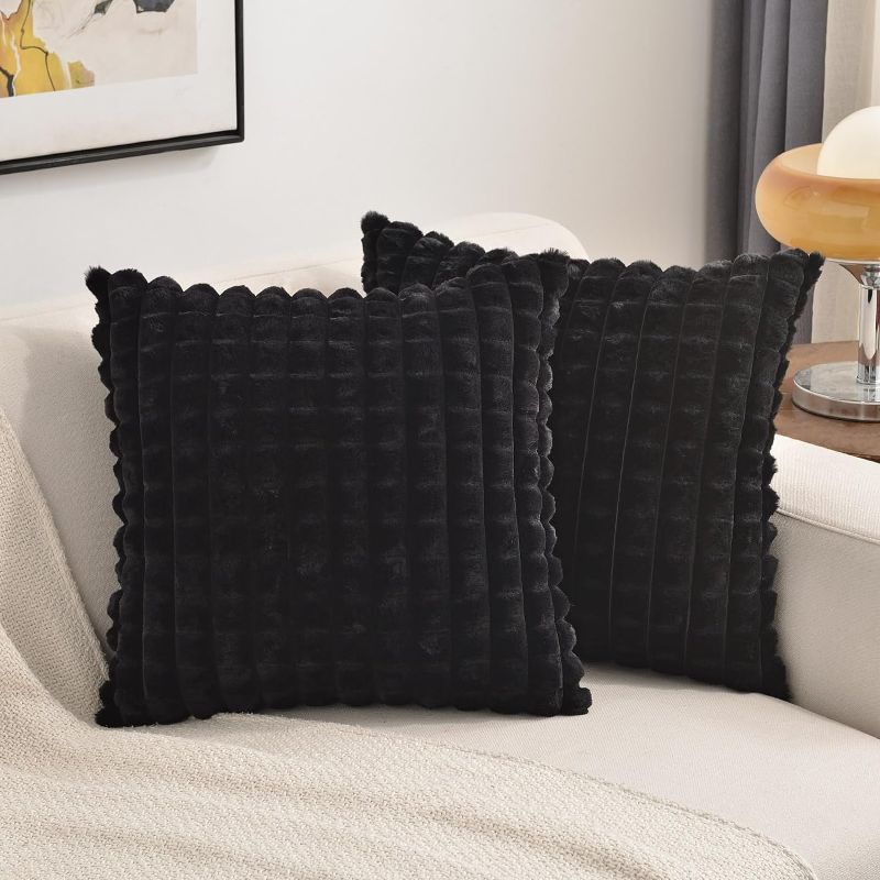 Photo 1 of Black Decorative Throw Pillow Covers 20x20 Inch Set of 2,Square Cushion Case,Fluffy Faux Rabbit Fur Plaid & Soft Velvet Back,Modern Home Decor for Couch Bed