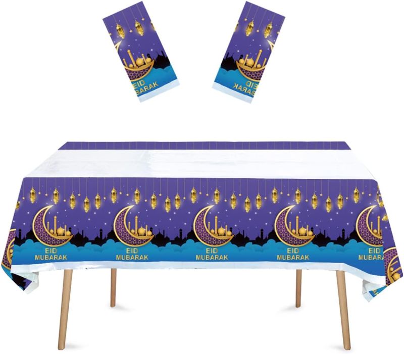 Photo 1 of Atvscay Eid Mubarak Tableware and Tablecloth Ramadan Mubarak Party Decorations Muslim Ramadan Eid Party Plates Napkins AndTablecloth (2pcs Eid Tablecloths) 