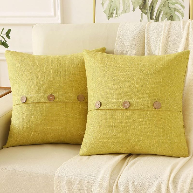 Photo 1 of Mustard Yellow Linen Decorative Throw Pillow Covers 20x20 Inch Set of 2,Square Cushion Case with 3 Vintage Buttons,Modern Farmhouse Home Decor for Couch,Bed