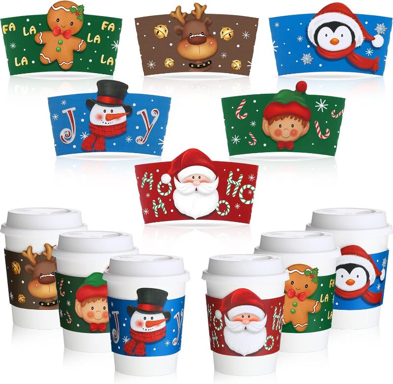 Photo 1 of 48 Pieces Christmas Coffee Tea Cup Sleeves Disposable Corrugated Paper Cup Sleeves for 12 oz and 16 oz Paper Cup Snowman Santa Cup Sleeves for Hot Chocolate Cocoa Cold Beverage (No Cups Included)