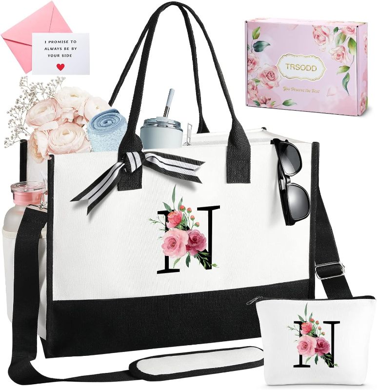 Photo 1 of Can-vas Beach Bag w Makeup Bag, Ini-tial Floral Tote Bag for Women, Personalized Customized Friends Birthday Bride Mom Sister Thank Gifts w Inner Pocket, Side Pocket, Shoulder Strap, Card, Gift Box N 