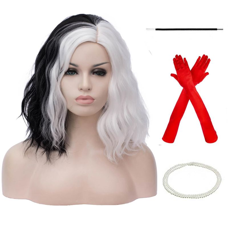 Photo 1 of 14" Women Girls Short Curly Bob Wavy Wig Body Wave Halloween Cosplay Daily Party Wigs (Black and White)