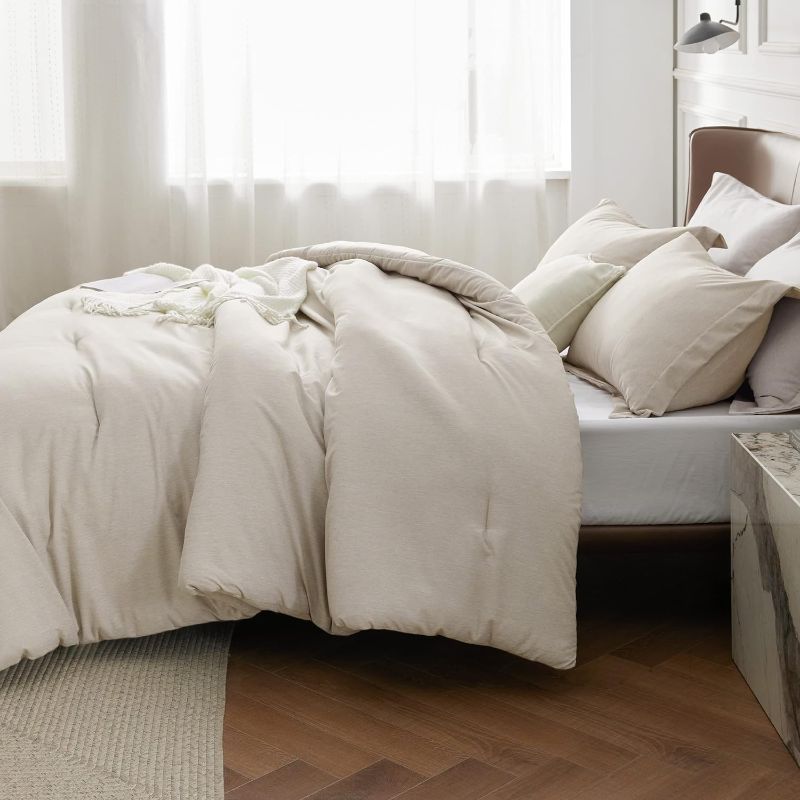 Photo 1 of Bedsure Queen Comforter Set - Beige Queen Size Comforter, Soft Bedding for All Seasons, Cationic Dyed Bedding Set, 3 Pieces, 1 Comforter (90"x90") and 2 Pillow Shams (20"x26"+2"
