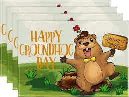 Photo 1 of Artoid Mode Happy Groundhog Day Placemats Set of 4, 12x18 Inch Seasonal Spring is Coming Table Mats for Party Kitchen Dining Decoration