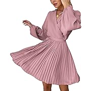 Photo 1 of BTFBM Women Casual Summer Fall Dresses 2023 Boho Wrap V Neck Puff Long Sleeve Cocktail Flowy Pleated A-Line Mini Dress(Solid Pink, Small)