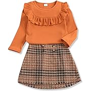 Photo 1 of PATPAT 2Pcs Toddler Girl Trendy Ruffled Ribbed Long-sleeve Tee and Plaid Button Design Plaid Skirt Set Orange 3-4YEARS