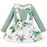 Photo 1 of Toddler Girls Suspender Skirt Set Long-Sleeve Top+ Floral Print Skirt Clothes Light Green 18-24 Months
