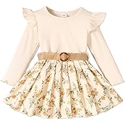Photo 1 of PATPAT Toddler Girl's 2 Piece Outfit Ruffle Long Sleeve Tee Top and Floral Print Pleated Skirt Sets Kahki 3 Years