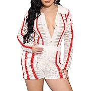 Photo 1 of Aladeno Women Knitted Two Piece Shorts Outfits - Color Block Knit Crochet Cutout Long Sleeve Button Shirts Set Apricot XXL