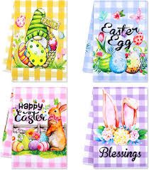 Photo 1 of RUMIA 4 Pcs Easter Kitchen Towels Buffalo Plaid Happy Easter Kitchen Dish Towels Dishcloth 18 x 26 inch Easter Gnomes Bunny Eggs Hand Towels for Spring Easter Housewarming Gifts Kitchen Decor