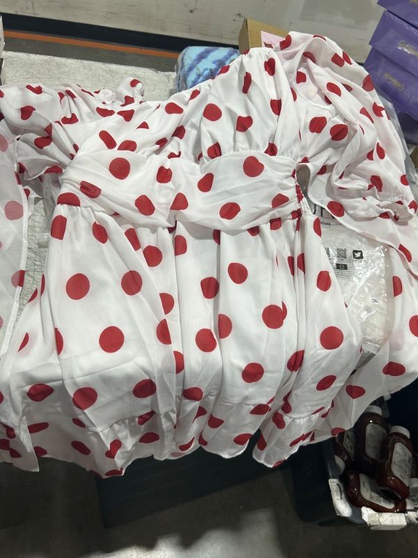 Photo 1 of EXLURA Women's 2024 Summer Lantern Short Sleeve Tie Back Casual Dresses Square Neck Off Shoulder A-Line Vintage Mini Dress red dots size 2xl  