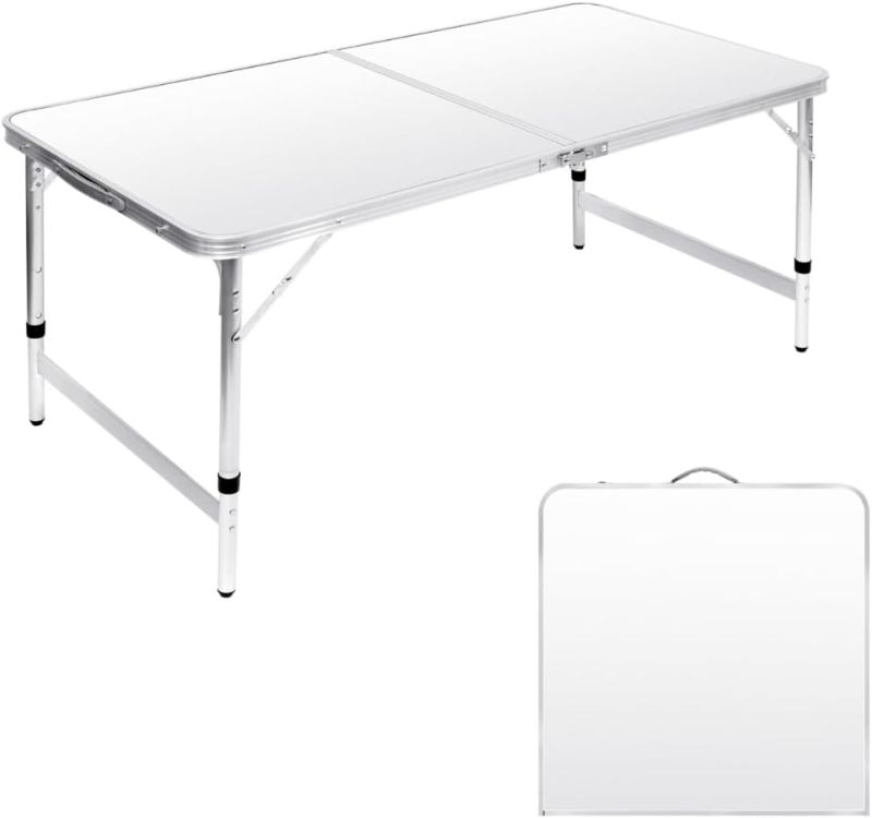 Photo 1 of Folding Camping Table 4 Ft Foldable Picnic Table Portable 3 Height Adjustable Aluminum Camp Table Outdoor for Card BBQ White 47.2×23.6 inch
