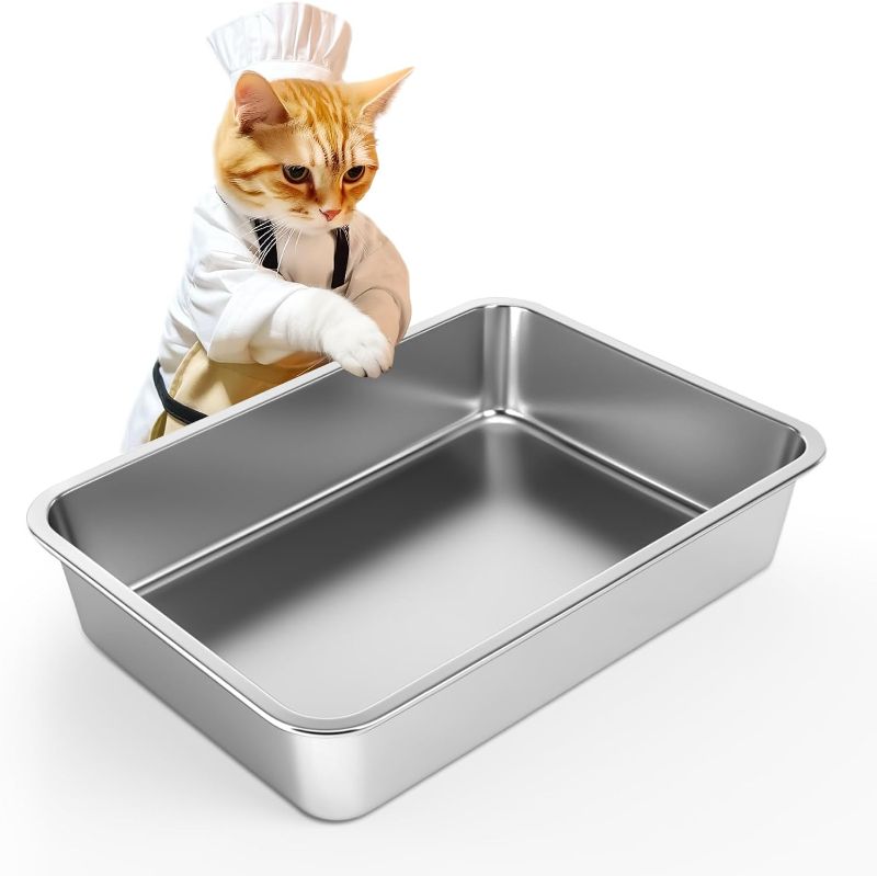 Photo 1 of Stainless Steel Cat Litter Box, Large Metal Litter Pan for Cats Rabbits, Kitty Litter Box Never Absorbs Odors, Low Side Entry Non Stick, Easy Clean