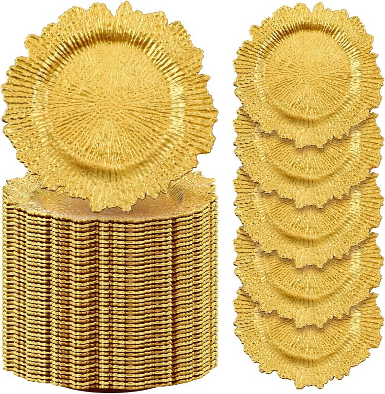Photo 1 of Uiifan 150 Pcs Charger Plates Bulk 13 Inch Plastic Reef Plate Chargers Matte Ruffled Rim Chargers for Dinner Plates Round Decorative Plates for Wedding Party Holiday Event Supplies(Gold)

