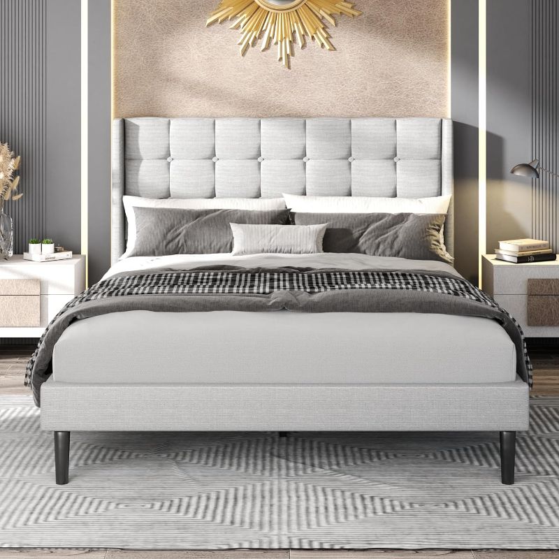 Photo 1 of Queen Bed Frame with Box-Tufted Headboard and Upholstered Wingback, Modern Platform Bed Frame with Wood Slat Support, No Box Spring Needed, Easy Assembly, Light Grey
