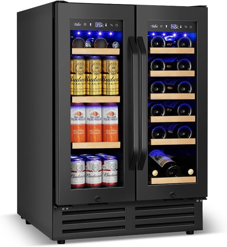 Photo 1 of Wine and Beverage Refrigerator Black, 24 Inch Beverage Cooler Under Counter Dual Zone with Glass Door&Lock, 18 Bottles and 68 Cans Large Capacity for Beer Soda Drink, Built-In or Freestanding Fridge

