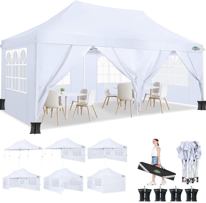 Photo 1 of COBIZI 10x20ft Pop Up Canopy Tent with 6 Removable Sidewalls, Easy Up Commercial Canopy, Waterproof and UV50+ Gazebo with Portable Bag, Adjustable Leg Heights, Tents for Parties, with 4 sandbags
