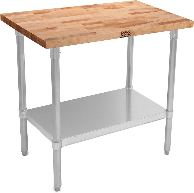 Photo 1 of John Boos Maple Wood Top Work Table with Adjustable Lower Shelf, 36 x 24 x 1.5 Inch, Galvanized Steel
