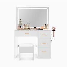 Photo 1 of White Makeup Vanity Desk Set With LED Lighted Mirrors, Storages & Chairs
