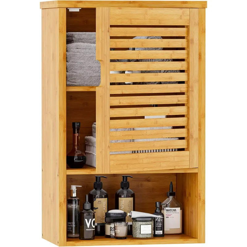 Photo 1 of Afuhokles Bathroom Wall Cabinet, Wooden Medicine Cabinet with Single Door and Adjustable Inner Shelf, Bamboo
