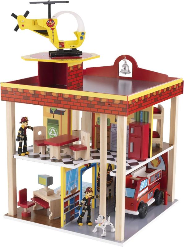 Photo 1 of KidKraft Wooden Fire Station Set for 360 Degree Play - Wooden Construction, Working Garage Doors, Bendable Figures, Young Children Toy, Comes with Instructions, Scree Free Toy, Gift for Ages 3+ 20 inch