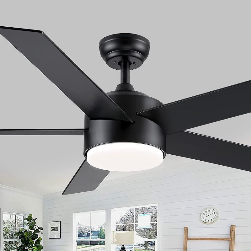 Photo 1 of 52 inch Black Ceiling Fans with Lights and Remote Control, Dimmable 3-Color Temperatures LED Ceiling Fan, Wooden Quiet Reversible Modern Ceiling Fan for Bedroom, Living Room, Dining Room
