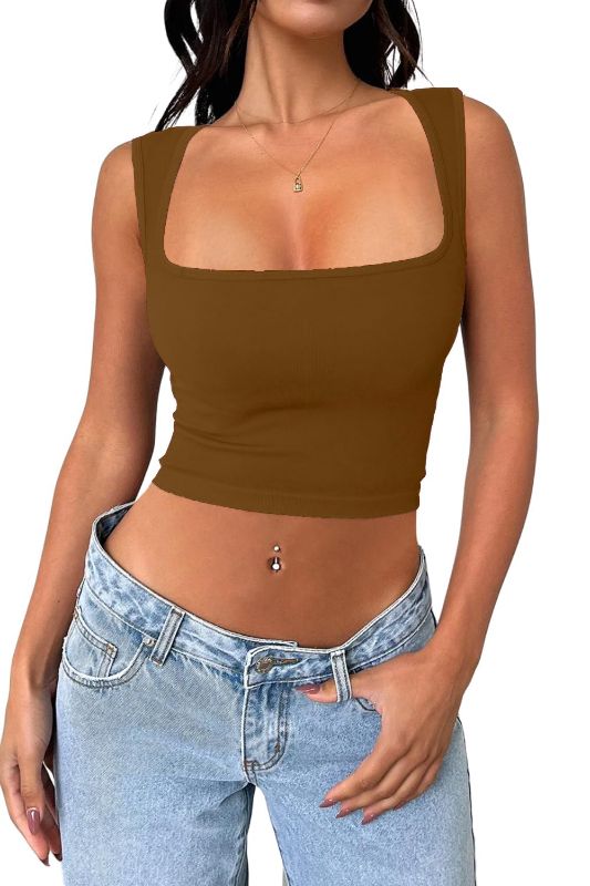 Photo 1 of Brown Women's Sleeveless Ribbed Crop Top Seamless Square Neck Going Out Workout Tank Top, Small