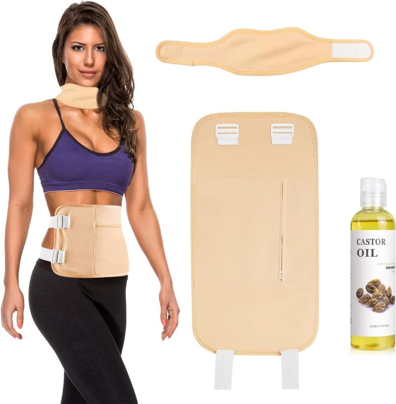 Photo 1 of YEALIR Castor Oil of Pack Kit, Castor Oil Wrap for Waist, Neck, Reusable Castor Oil Wrap, Castor Oil Wrap Organic Cotton Flannel Elastic Strap, Apricot (4Fl Oz Organic Castor Oil Included)