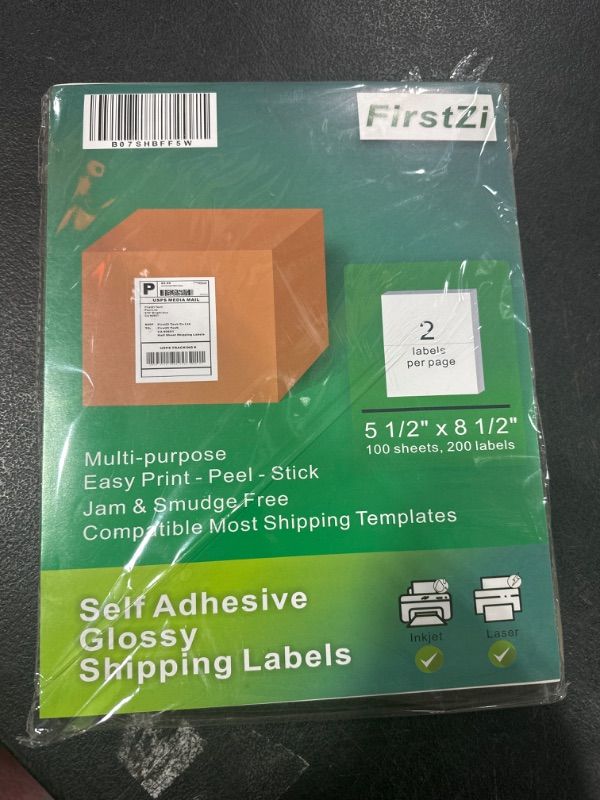 Photo 2 of FirstZi 200 Count Half Sheet Self Adhesive Glossy Printable Paper Shipping Label Sticker for Laser and Inkjet Printers - 5.5x8.5 Inches - 2 Labels per Page - 100 Sheets