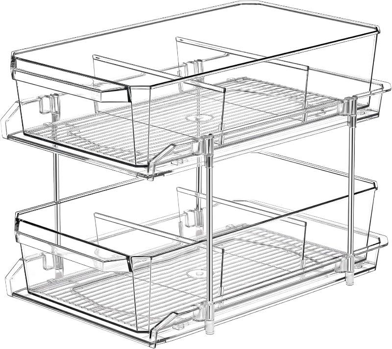 Photo 1 of 2 Tier Clear Organizer with Dividers for Cabinet / Counter, MultiUse Slide-Out Storage Container - Kitchen, Pantry, Medicine Cabinet Storage Bins - Bathroom, Vanity Makeup, Under Sink Organizing Tray
