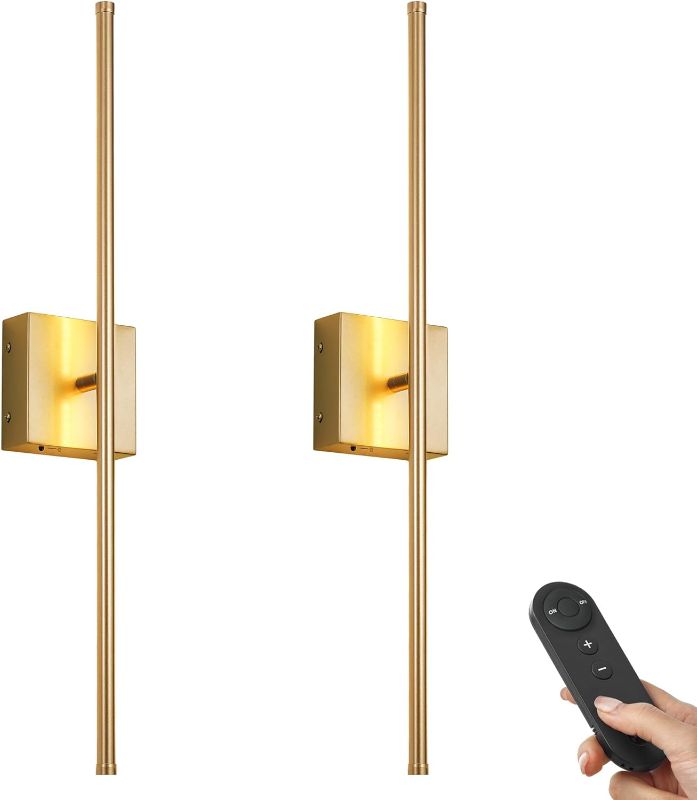 Photo 1 of Battery Operated Wall Sconces with Remote Control, Dimmable Wall Sconces Set of Two, 350°Rotate, 3000K LED Gold Wireless Wall Light for Living Room, Hallway, Bedroom, 28.3 Inch (2 Pack)