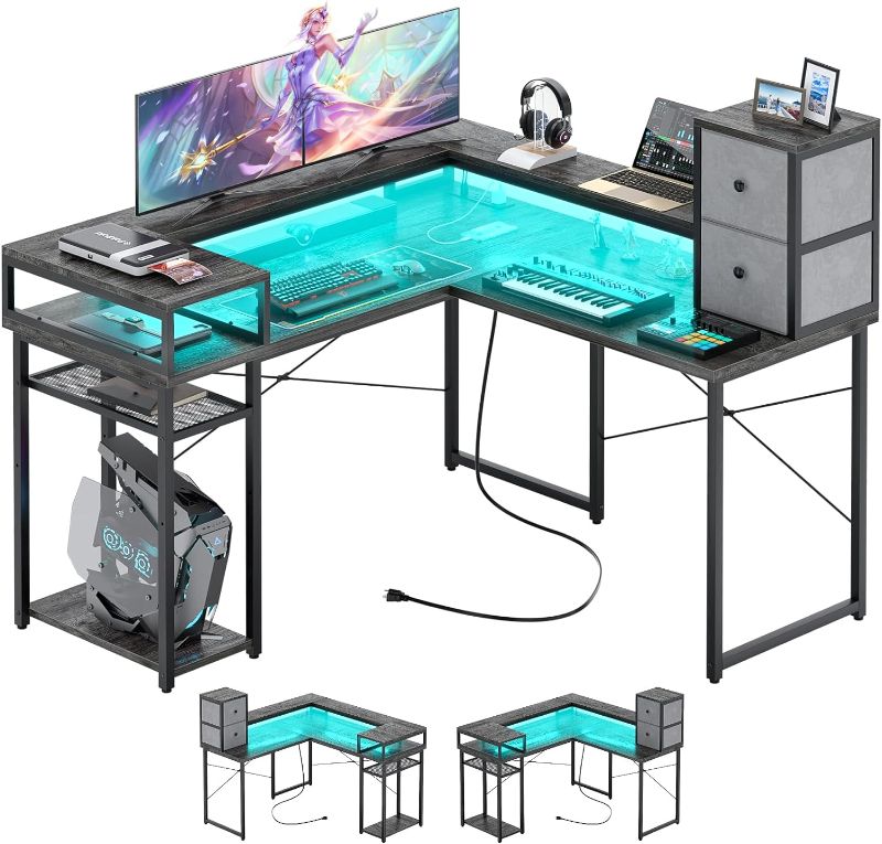 Photo 1 of armocity L Shaped Desk with Drawers, Reversible Corner Computer Desk with LED Lights & Power Outlets, 55'' L-Shaped Gaming Desk with Long Monitor Shelf, Home Office Desk for Small Corner Space, Grey
