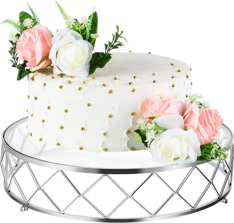 Photo 1 of Nuanchu 14" Round Metal Geometric Cake Stand Wedding Cake Stand Glossy Metallic Cake Riser with Glass Top and 2 Artificial Birthday Cake Flower Arrangement Rose Flower Cake Topper Wedding (Silver)
