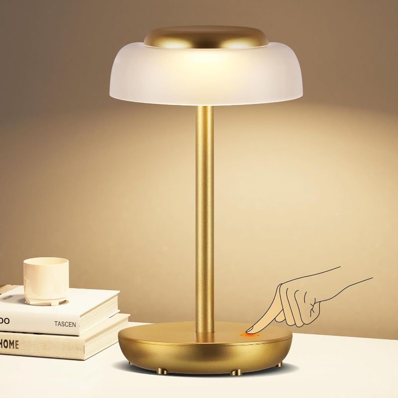 Photo 1 of QiMH Battery Operated LED Table Lamp, 5000mAh Cordless Desk Lamp with 3 Level Brightness Touch Control, Mini Rechargeable Night Light for Living Room, Bedroom, Outdoor bar (Gold)
