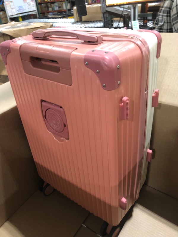 Photo 2 of Carry On Luggage with Cup Holder and USB Charge Port,24 inch Hardshell Suitcase with Double Spinner Wheels,Large Lightweight Luggage for Travel,Business,Back to School 24inch White and Pink