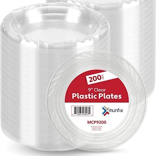 Photo 1 of Munfix 9 Inch Clear Plastic Plates 200 Bulk Pack - Disposable Plates for BBQ
