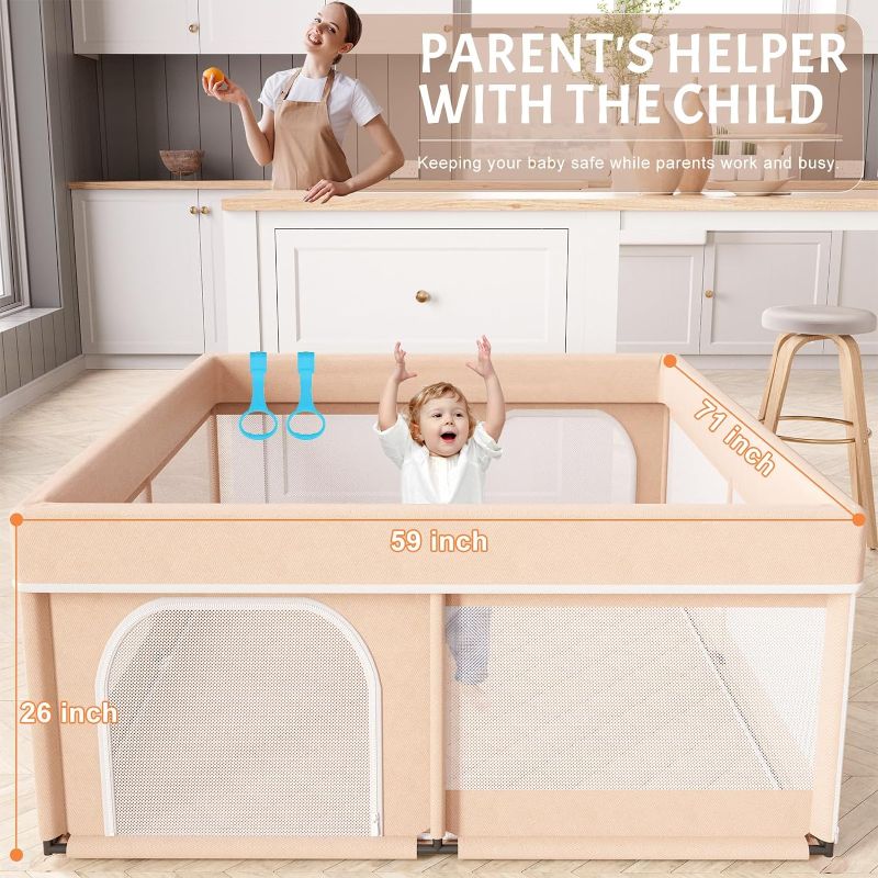 Photo 1 of Omzer Baby Playpen with Mat 71"×59" - Extra Large Playpen for Babies and Toddlers with Mat Included, Safety Playard for Baby with Gate, All-Wrapped Soft Sponge Baby Gate Playpen with Stable Mat Velcro
