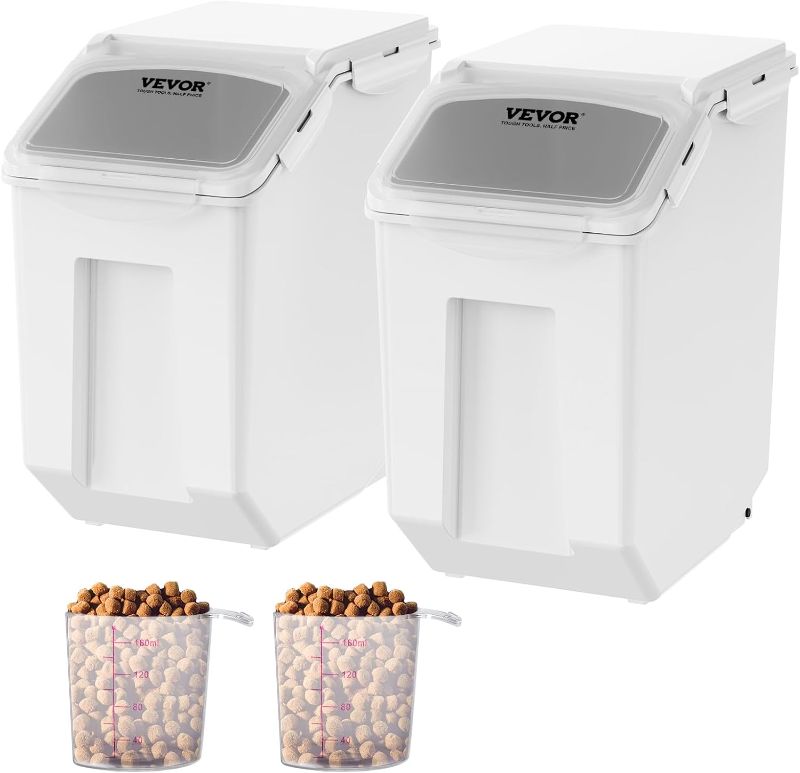 Photo 1 of VEVOR Ingredient Storage Bin, 2 x 15L Dispenser Bin with 2 Measuring Cups, Attachable Casters and Airtight Lid, 2 Pcs/Set Dog Pet Food Storage Container, PP Material Kitchen Rice Cereal Flour Bin
