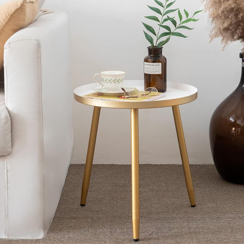 Photo 1 of AOJEZOR Bed Side Table Ideal for Any Room, Living Room, Bedroom,Metal Structure Small Round Side Table Great for Small Spaces,White Tray with 3 Gold Legs End Table
