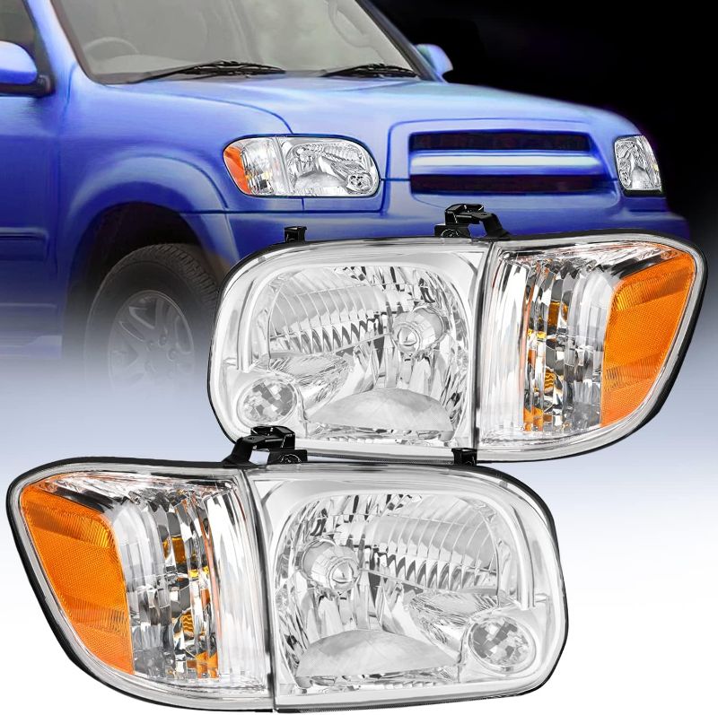 Photo 1 of Nilight Headlight Assembly for 2005 2006 Toyota Tundra 4 Door Double Crew Cab 2005 2006 2007 Sequoia Pickup Replacement Chrome Housing Amber Reflector Driver and Passenger Side, 2 Years Warranty Chrome Housing+ Amber Reflector