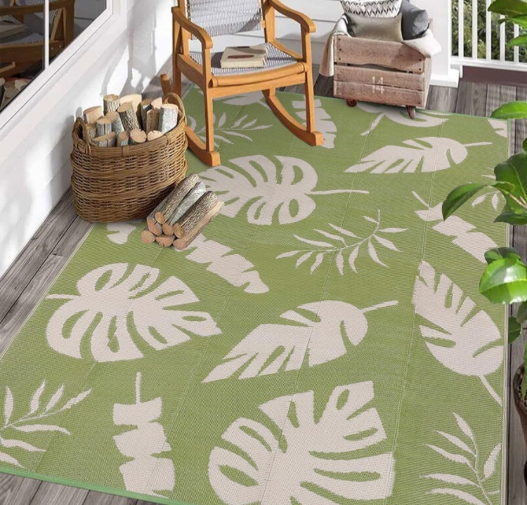 Photo 1 of Ileading Outdoor Plastic Straw Rug 6x9ft Tropics Palm Leaves Reversible Patio Area Rugs Waterproof Non Shedding Portable Carpets 