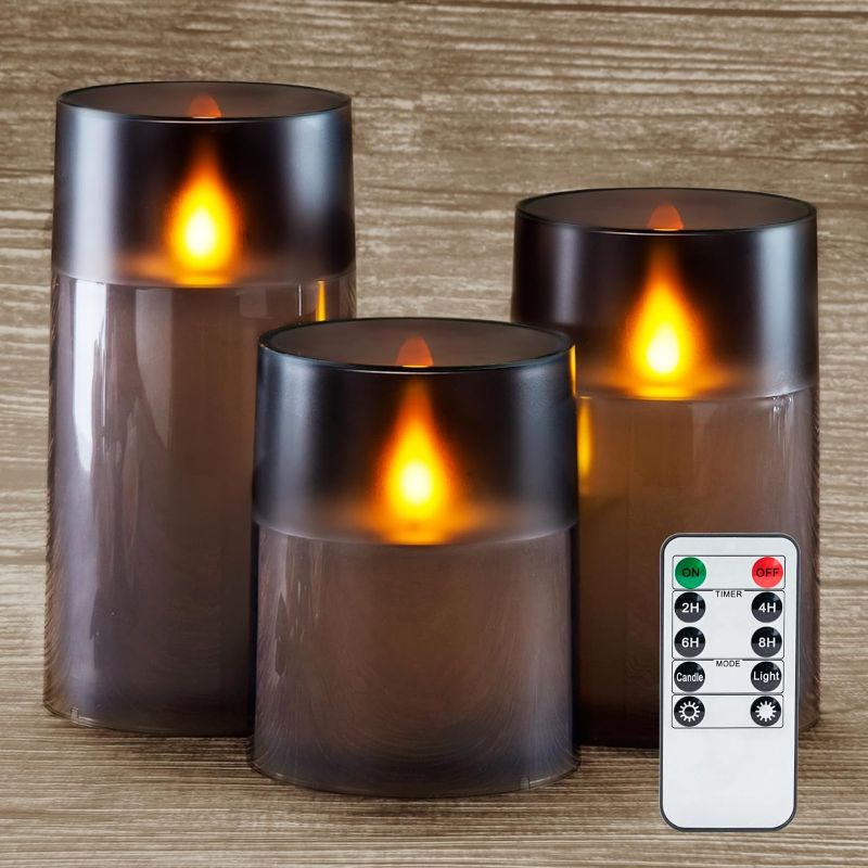 Photo 1 of Homemory Upgraded Flickering Flameless Candles with Realistic Dancing Flame, LED Candles, Battery Operated Candles with Remote and Timers, Grey Acrylic, Outdoor Waterproof, Set of 3
