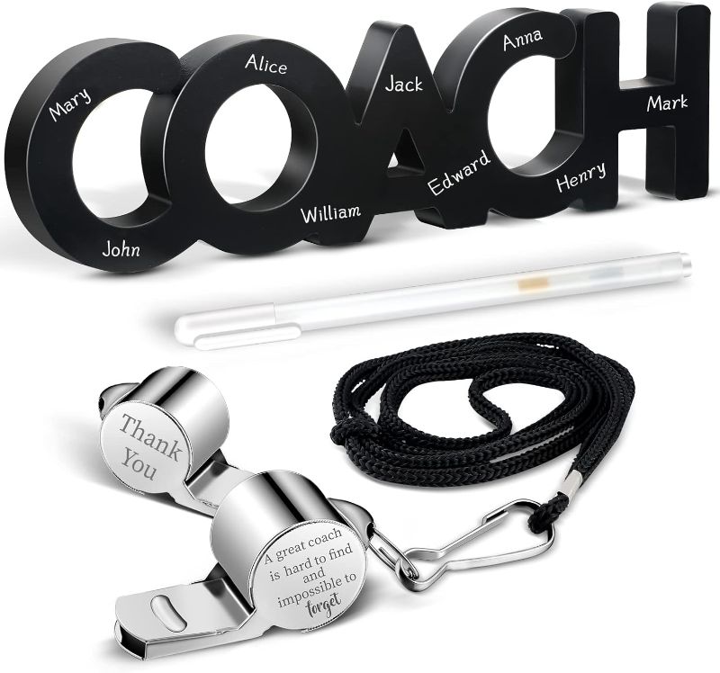 Photo 1 of Yalikop 3 Pieces Coach Wood Word White Marker Pen Stainless Steel Whistle with Rope Black Wooden Letters Sign Desk Decor Thank You Cheer Whistle for Men Women Sports Home Office Sports
