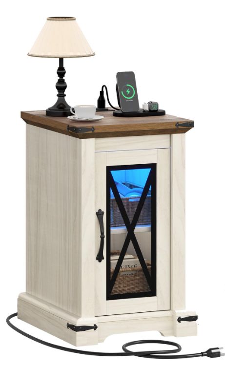 Photo 1 of YITAHOME Nightstand with Charging Station, Farmhouse End Table Bedside Table with LED Lights
