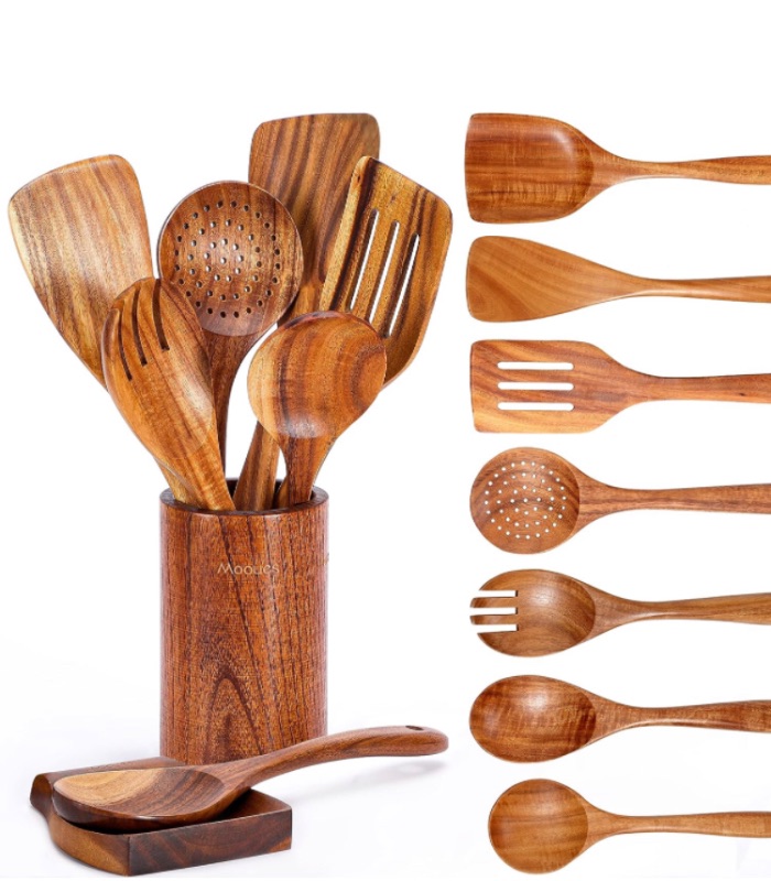 Photo 1 of Mooues 9 Piece Natural Teak Wooden Kitchen Utensil Set with Spoon Rest 