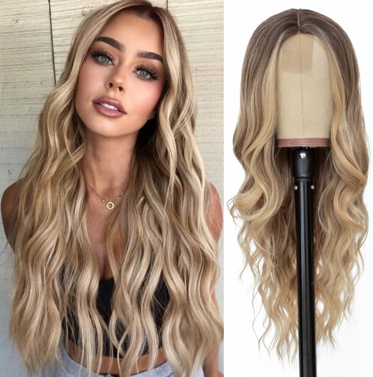 Photo 1 of NAYOO Long Ombre Blonde Wavy Wig for Women 26 Inch Middle Part Curly Wavy Wig 