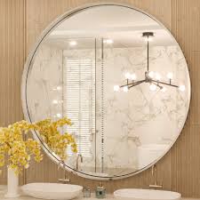 Photo 1 of TokeShimi Round Mirror 36 Inch Brushed Silver Round Bathroom Mirror for Wall Non-Rusting Aluminum Alloy Brushed Silver Matte Metal Frame Modern Circle Mirror Fit in Minimalist Multi Style for Decor
