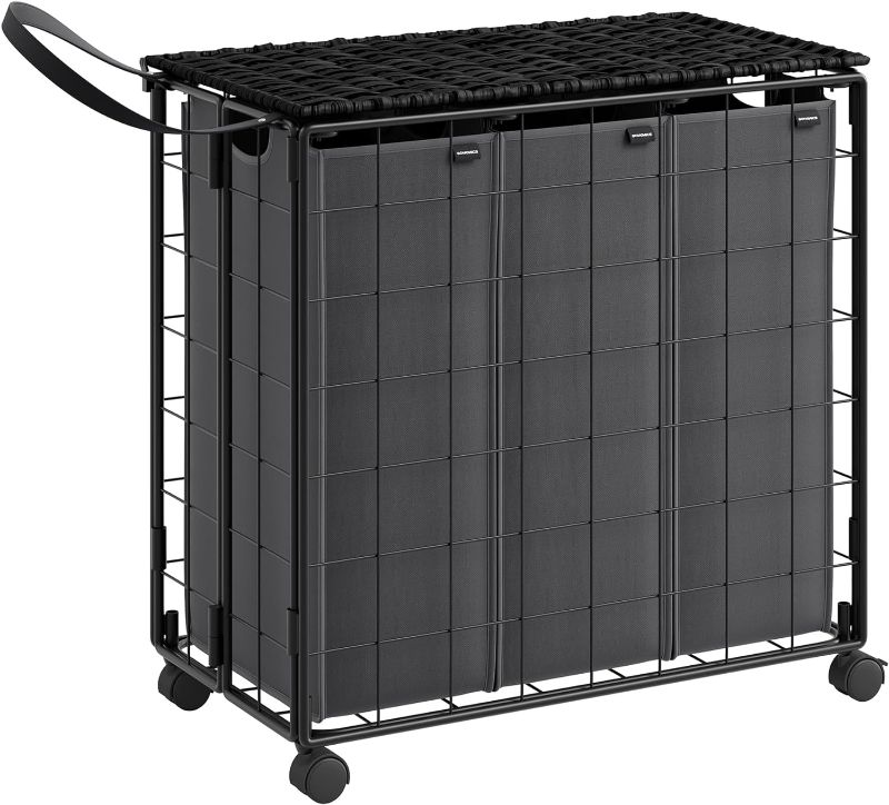 Photo 1 of SONGMICS 3 Compartment Laundry Basket 130L Foldable Laundry Basket with Wheels, Laundry Hamper, Laundry Hamper with Lid, Removable Laundry Bag, 66 x 33 x 65 cm, Slate Black LCB313B11
