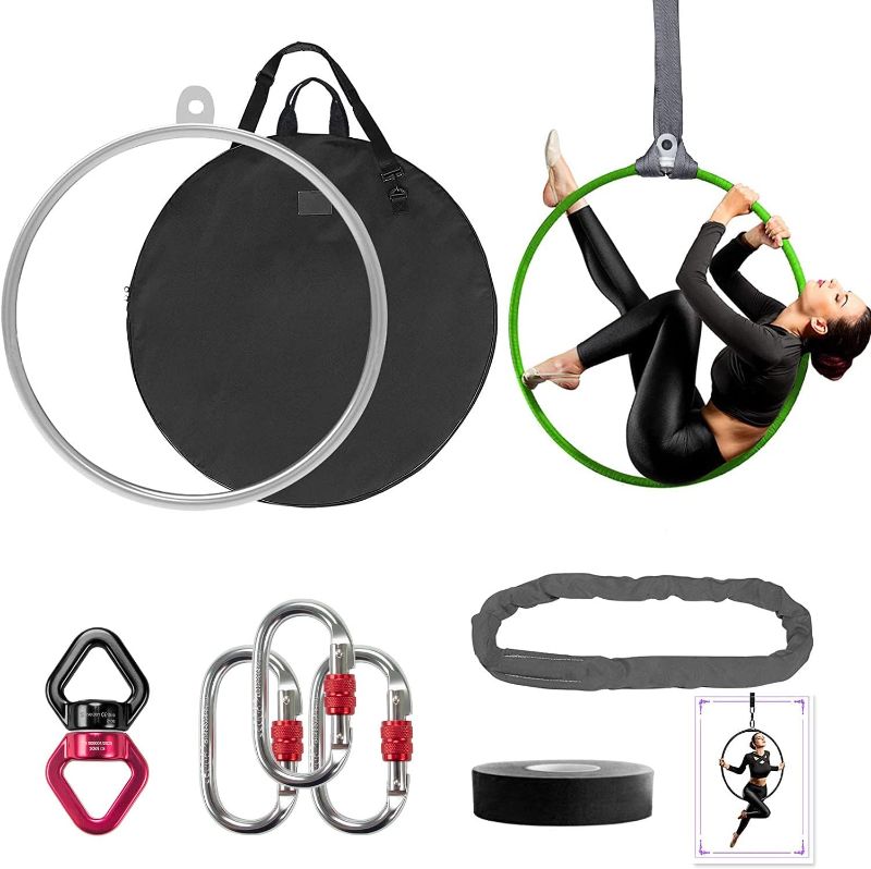 Photo 1 of DASKING Aerial Hoop 85cm/90cm Aerial Ring Set Fully Strength Tested 500LBS Single Point Circus Aerial Equipment Yoga Hoop with Accessories and Storage Bag to Carry Yoga Equipment

